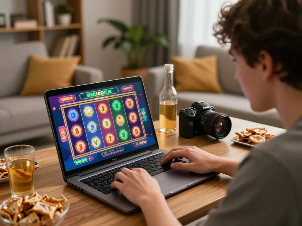 Player engaging with taisunwin online casino slot game on a cozy home laptop setup