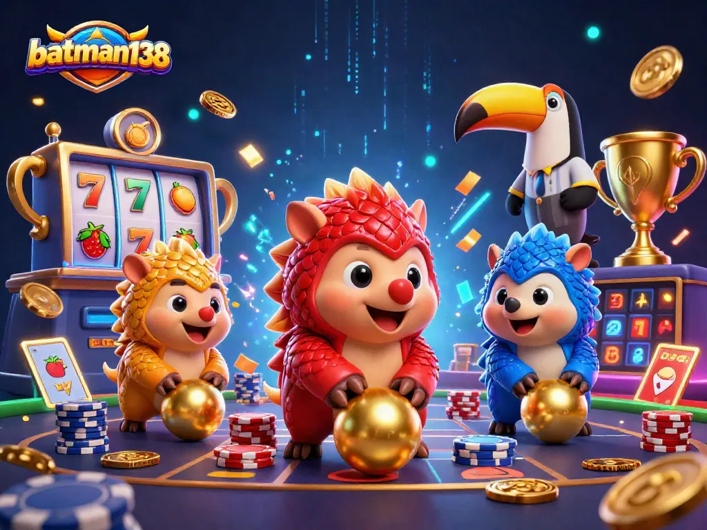 batman138 menggambarkan karakter pangolin dalam aksi seru bermain slot dengan tumpukan chip poker