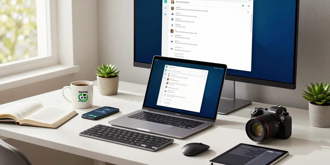 Professional using WhatsApp電腦版 in a modern home office environment with a laptop and monitor.