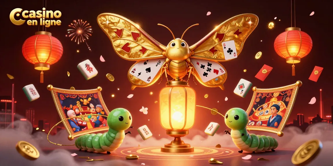Jouez à un casino en ligne avec des machines à sous et des lanternes dorées dans cette illustration colorée.