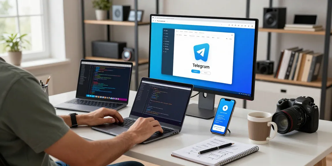 Developer using Telegram Download on a sleek workspace with tech gadgets.