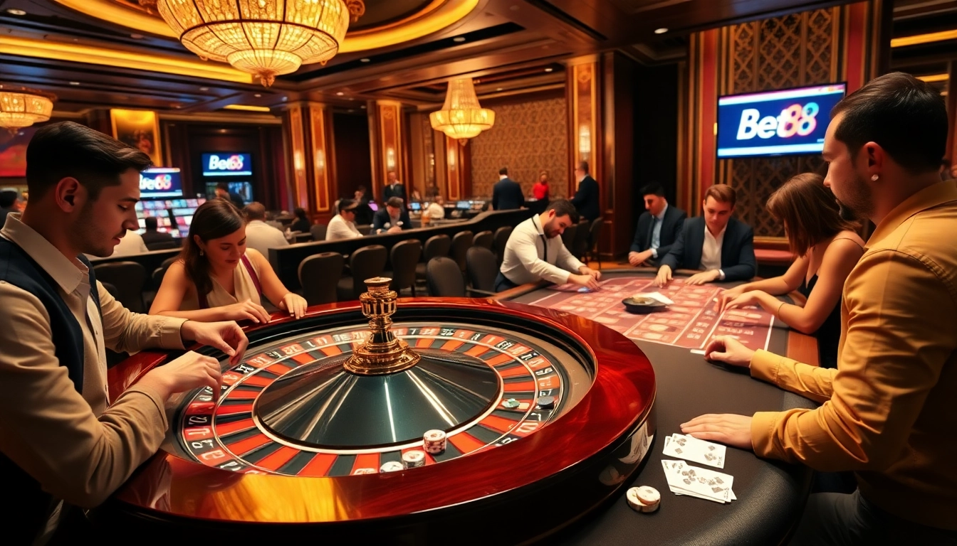 Experience the thrill of gaming at Bet88.com with dynamic players at a roulette table and poker action.
