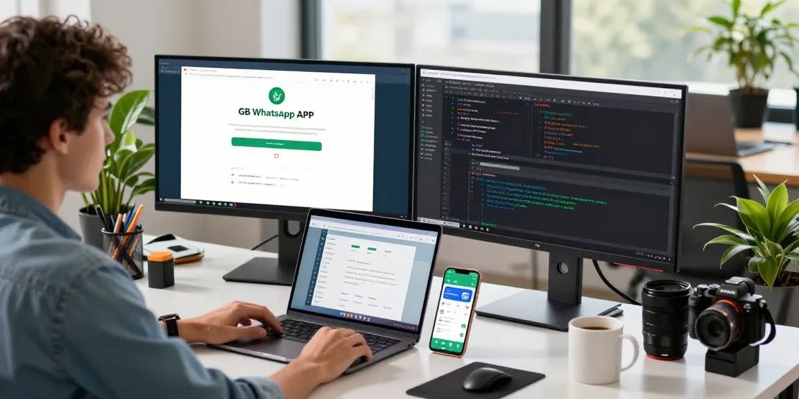 Developer at workspace downloading the gb whatsapp apk on dual monitors in a modern office.