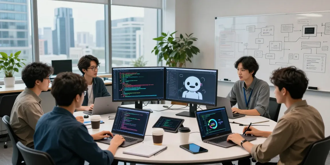 A vibrant team collaborating on koboldai chatbot development in a modern tech lab.