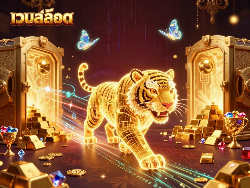 Experience the thrill of เว็บสล็อต with a neon-wireframe tiger in a dazzling digital casino scene.