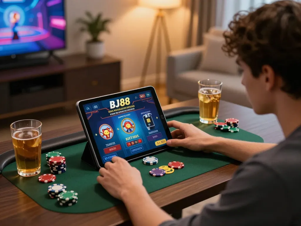 Player enjoying online gaming at BJ88, focused on tablet display amidst stylish decor.