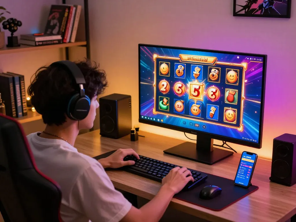 Gamer spins colorful slot reels on a large monitor, showcasing online gaming excitement.