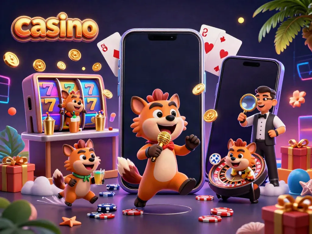 Hyenas running a comedy casino featuring games and vibrant elements.