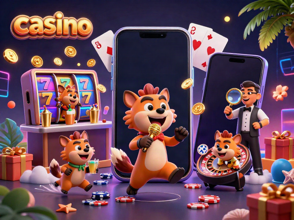 Hyenas running a comedy casino featuring games and vibrant elements.