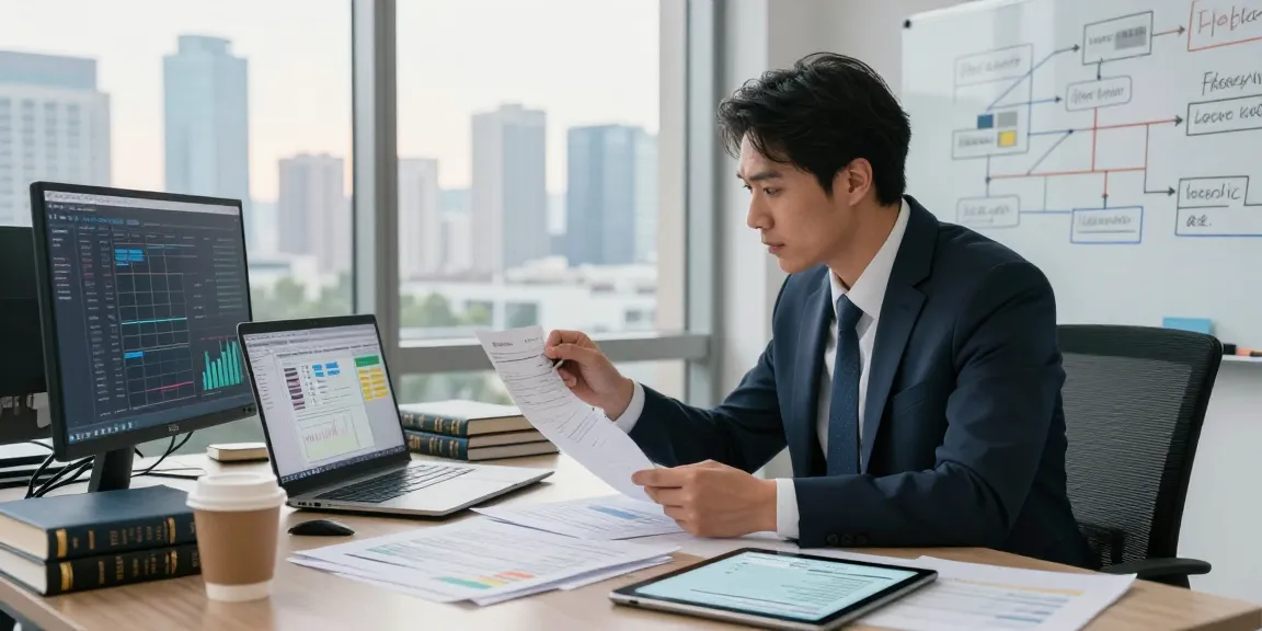 Professional investigating asset tracing in a modern office with financial data and documents.