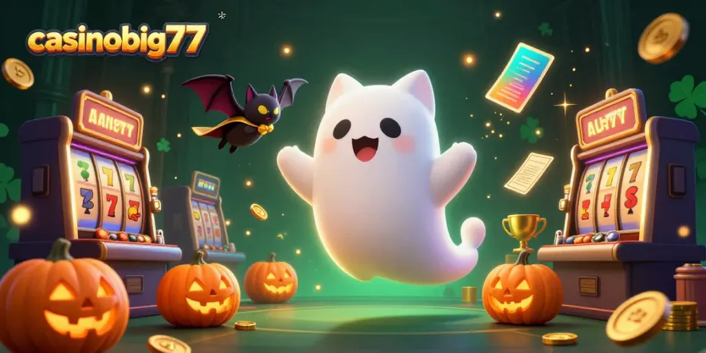 Experience thrill at casinobig777 with a ghost cat and vampire bat amid dynamic slot reels.