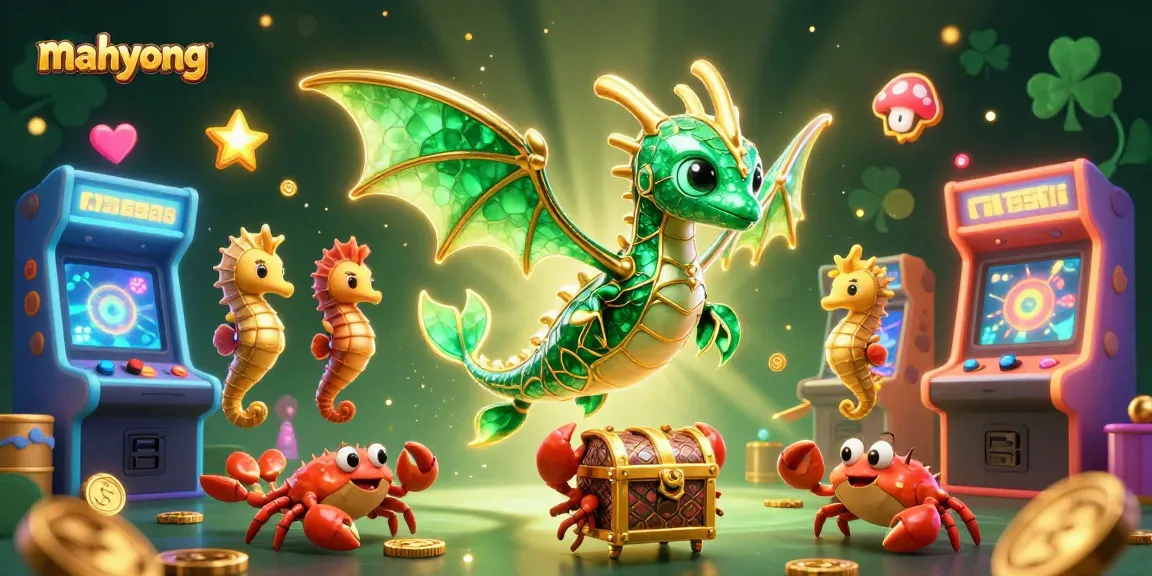 Experience mahyong with vibrant 3D sea dragon adventure and interactive gaming elements in a casino-themed illustration.