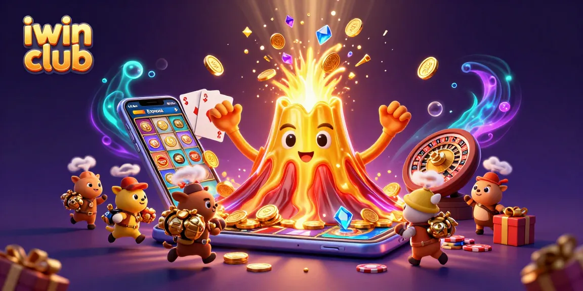 Experience thrilling action at iwin club with a captivating scene of a golden volcano erupting coins.