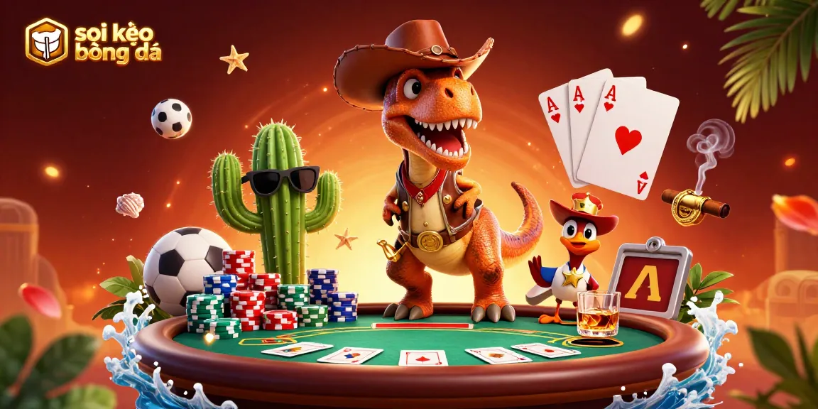 Soi kèo bóng đá betting analysis scene with cowboy dinosaur and betting elements