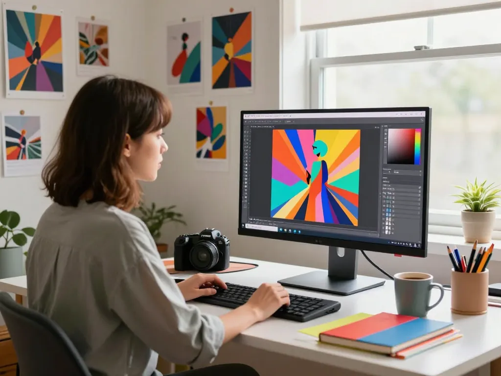 Digital artist using Nano Banana AI image editor in a colorful workspace.