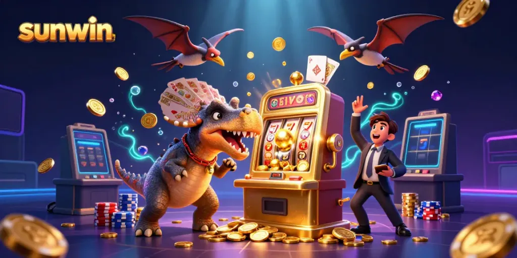 Experience sunwin's exciting gaming action with cartoon dinosaurs in a vibrant casino setting.