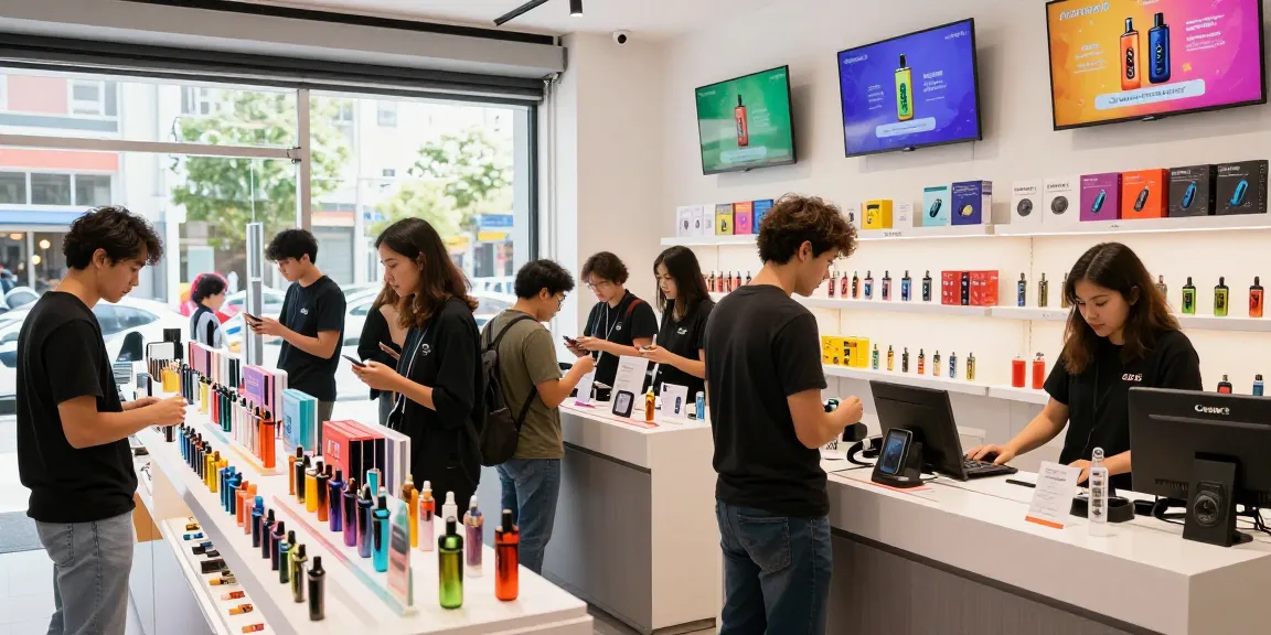 Exciting vape UK shopping experience with customers exploring diverse vape kits and e-liquids in a modern store.