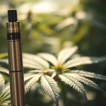 Cannabis Vape pen showcased against vibrant cannabis leaves in a serene setting.