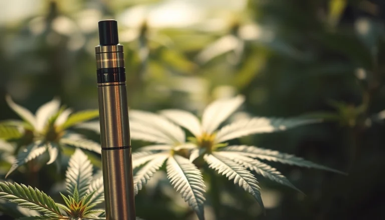 Cannabis Vape pen showcased against vibrant cannabis leaves in a serene setting.