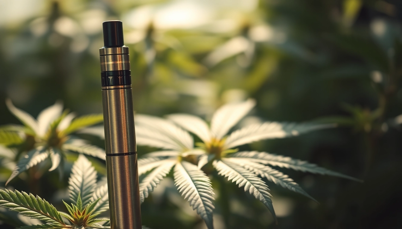 Cannabis Vape pen showcased against vibrant cannabis leaves in a serene setting.