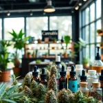 Showcasing products at a lively Weed Store with natural lighting and inviting atmosphere.