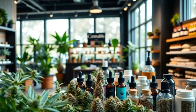 Showcasing products at a lively Weed Store with natural lighting and inviting atmosphere.