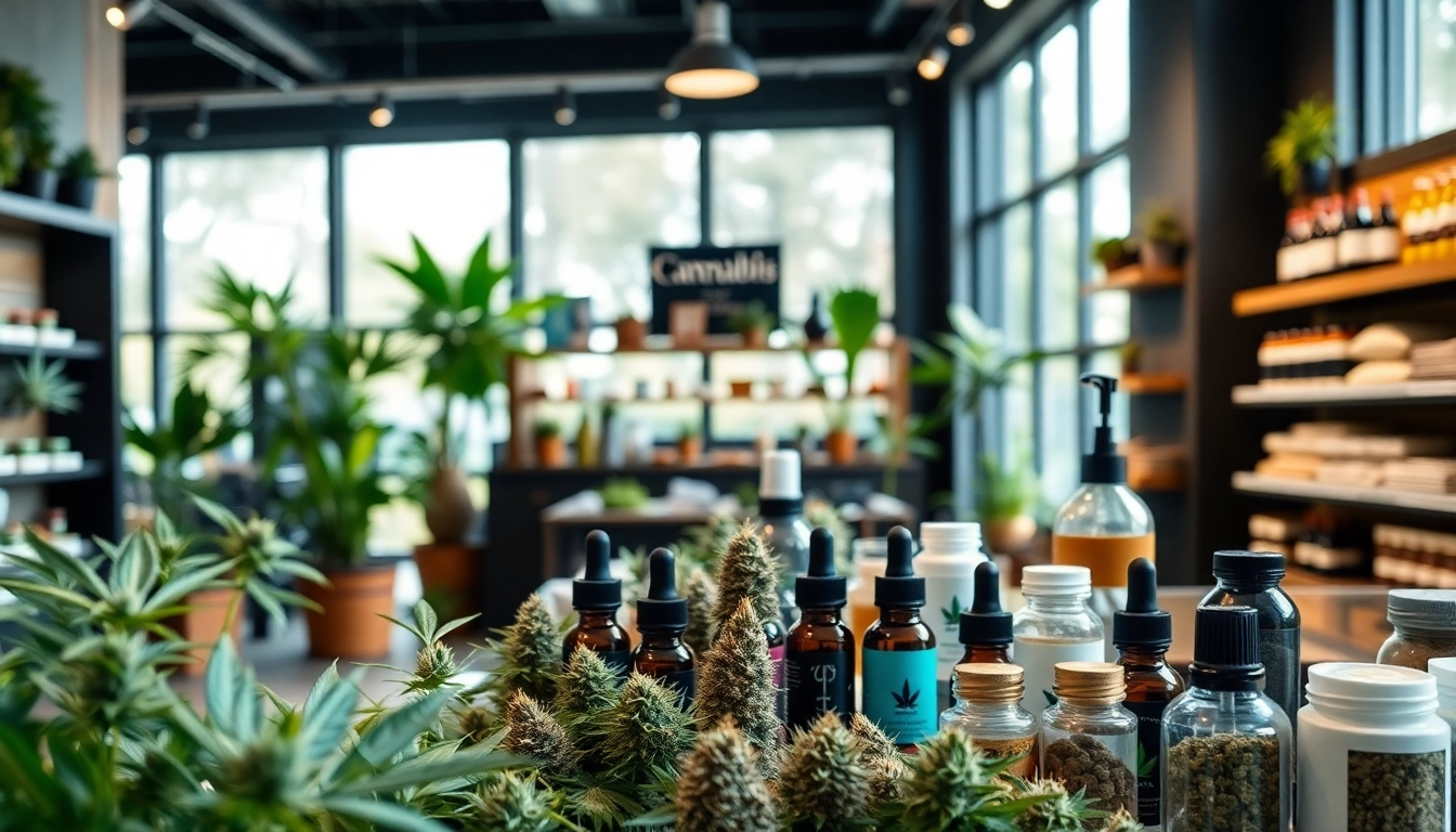 Showcasing products at a lively Weed Store with natural lighting and inviting atmosphere.