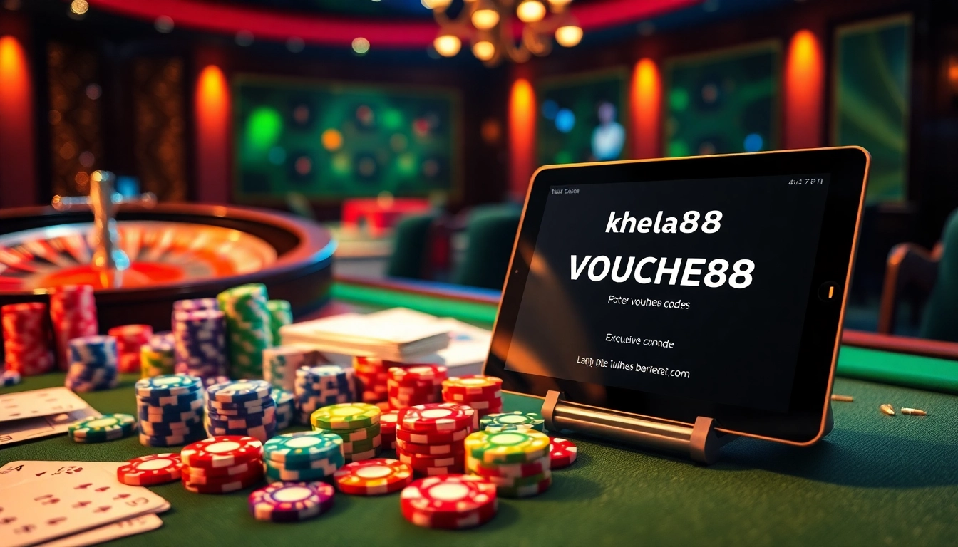 Unleash the excitement of the khela88 voucher code in a vibrant online casino scene featuring poker chips and a spinning roulette wheel.