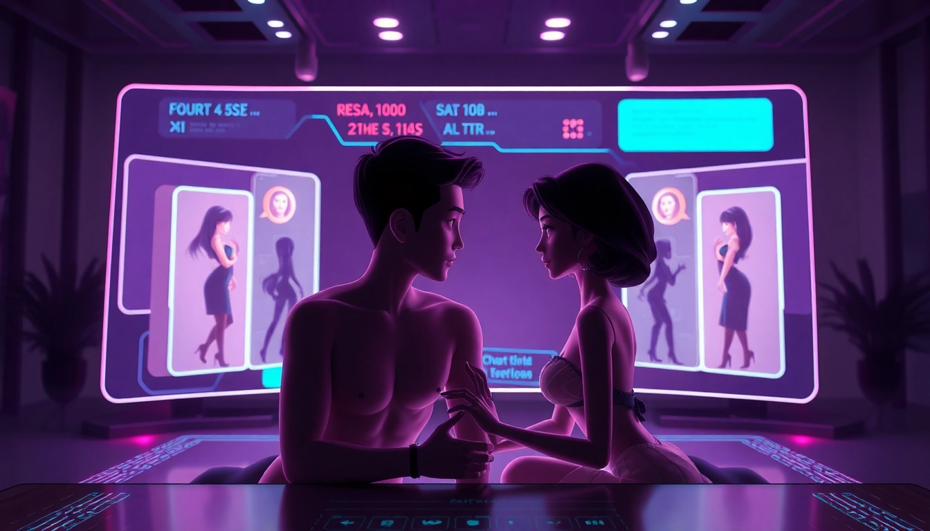 AI chat sex experience in a modern virtual environment with animated characters.