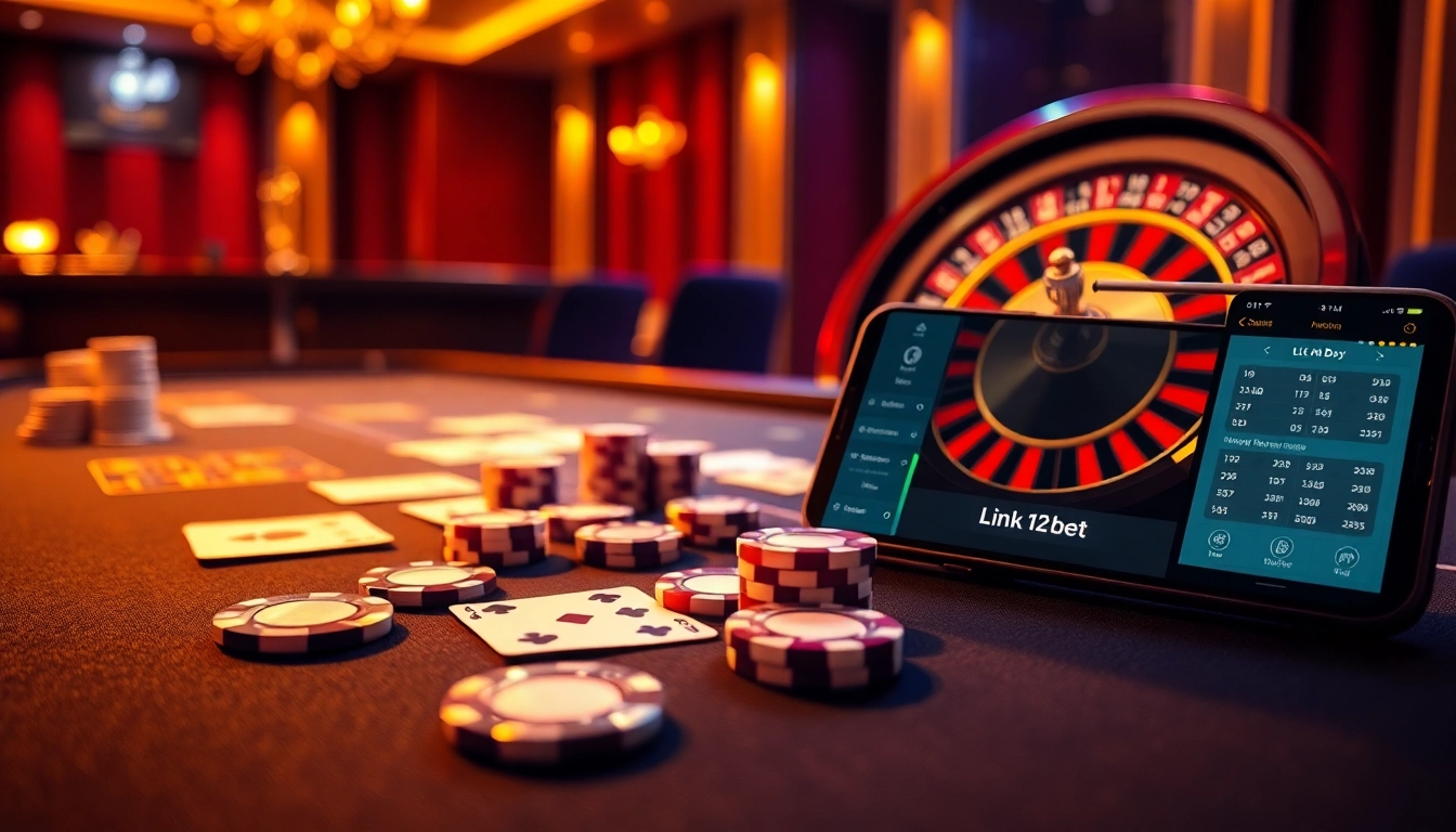 Experience thrilling online gambling with the link 12bet, showcasing poker chips and a digital roulette wheel.