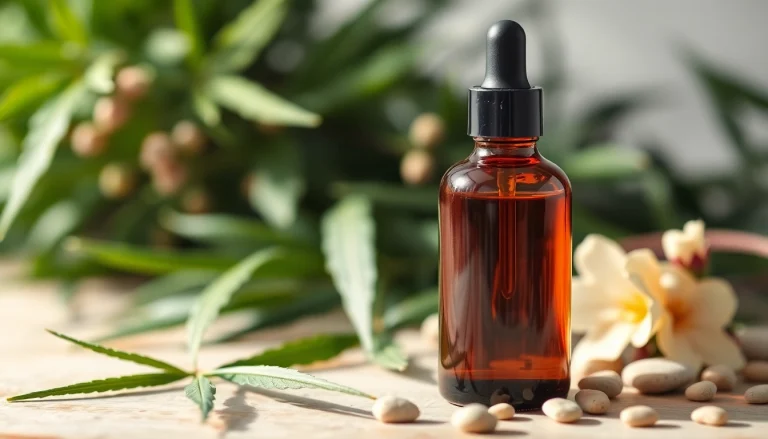Showcasing CBD oil for skin in a serene setting with natural elements, emphasizing wellness.