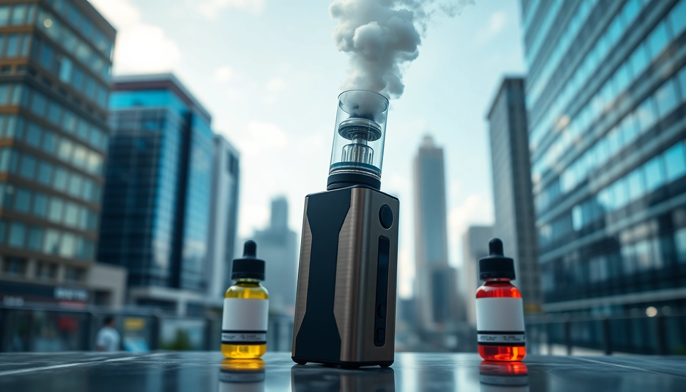 Vape & E-Liquids displayed with a sleek vape device amidst a vibrant urban scene, capturing seamless enjoyment.