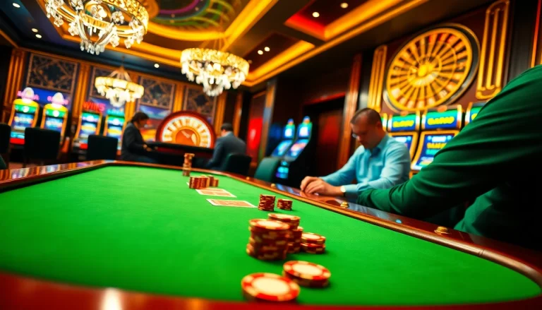 Win55 casino table with poker action and vibrant gaming atmosphere.