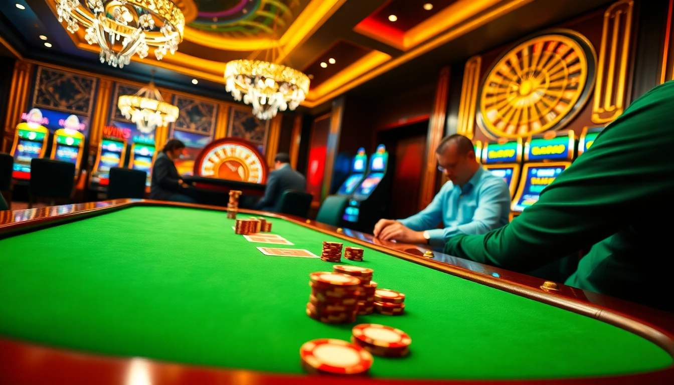Win55 casino table with poker action and vibrant gaming atmosphere.