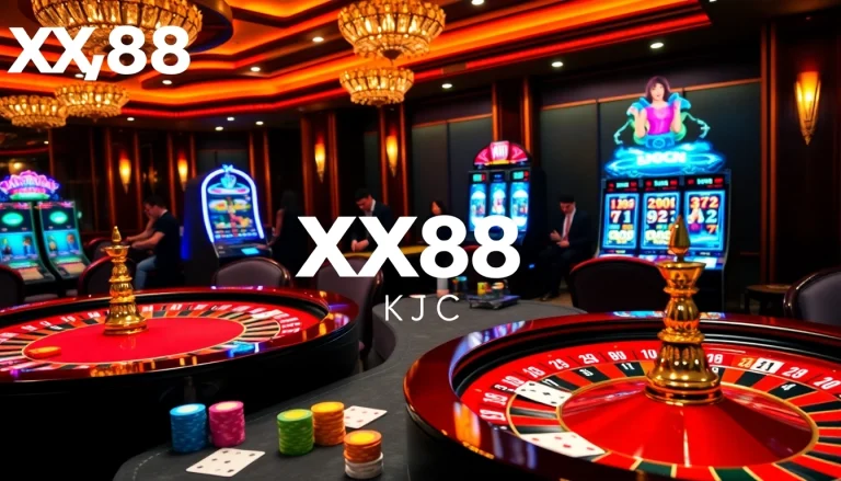 Players enjoying a thrilling game at XX88 KJC casino tables, showcasing excitement and luxury.