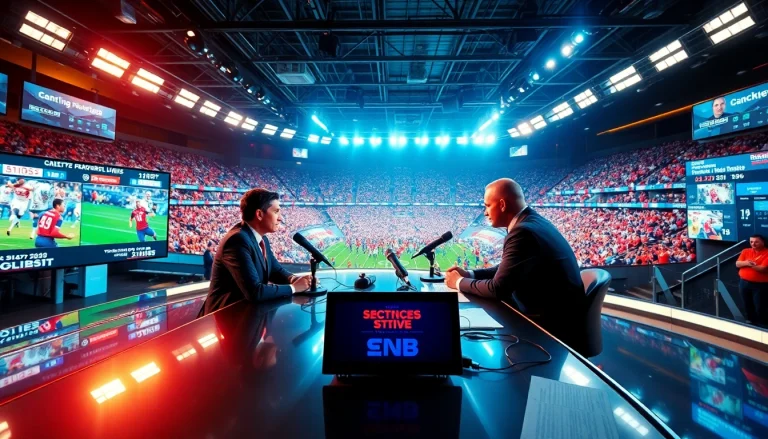 Engaging sports broadcasting studio with hosts analyzing live game highlights.