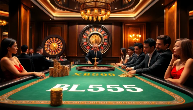 Experience high-stakes gaming at BL555 with poker chips and a roulette wheel in a luxurious casino atmosphere.