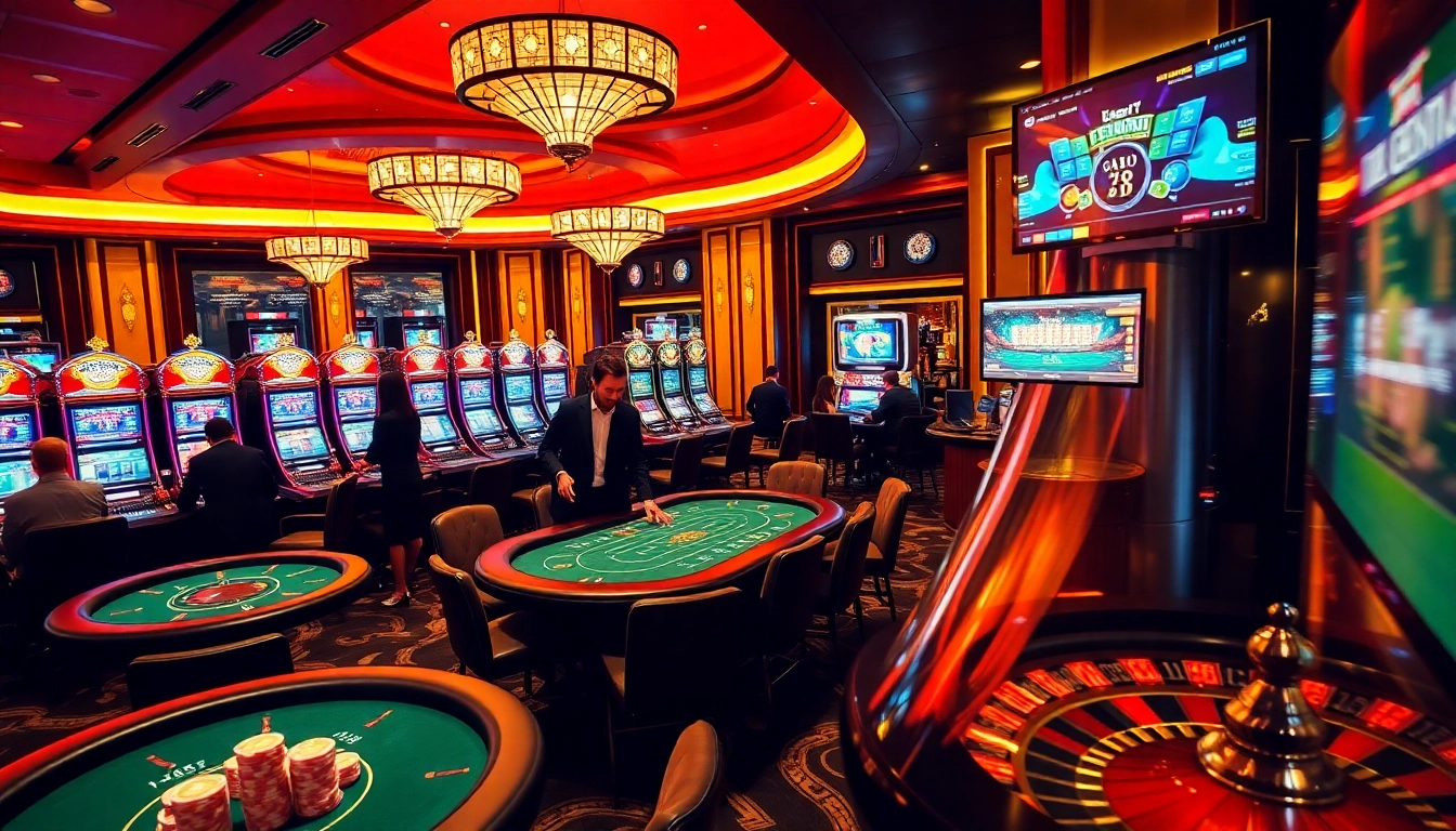 Gamblers enjoying games at B52 Club with vibrant casino tables and slot machines.