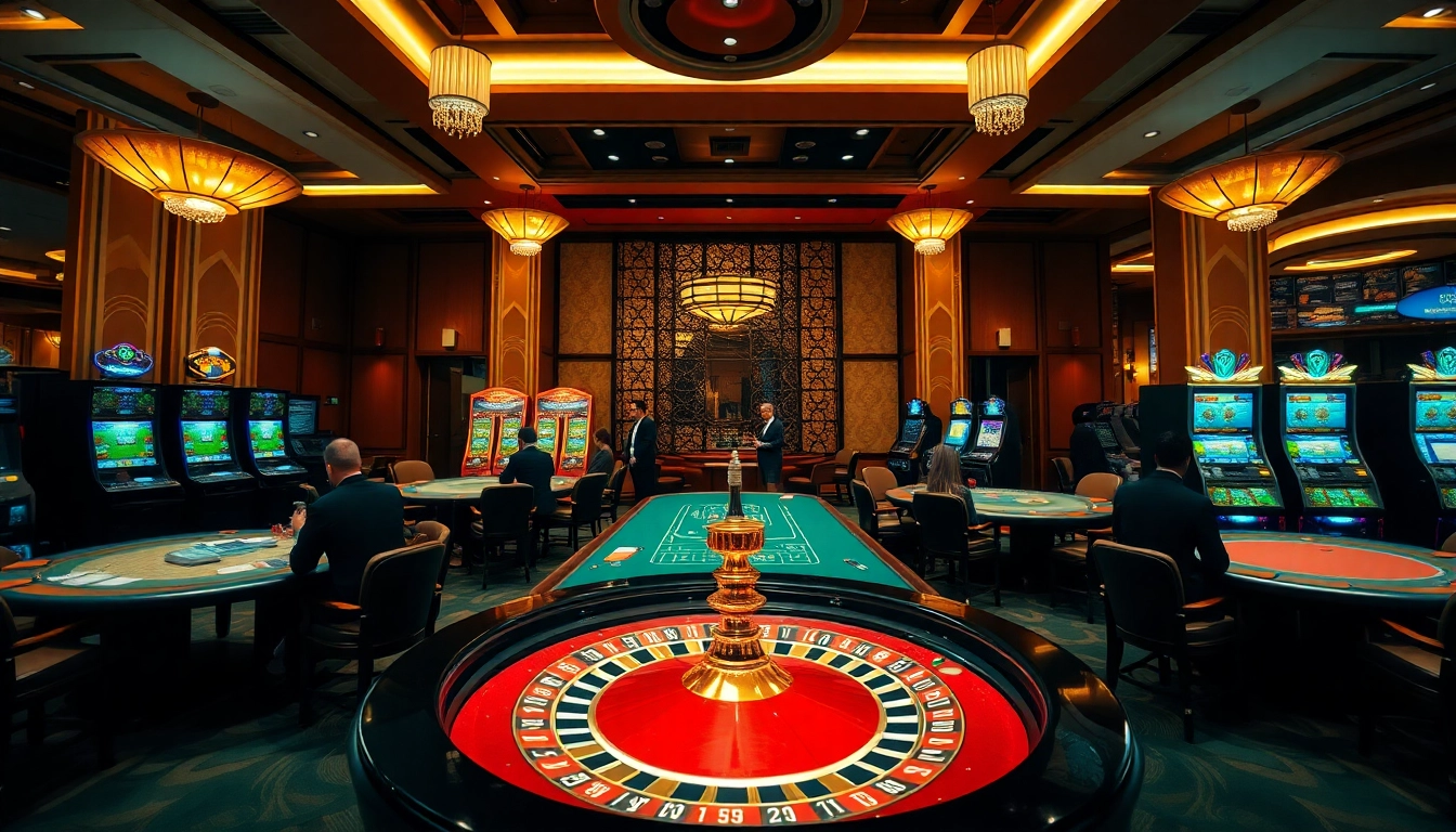 Gambling action at gg88 casino with vibrant slots, elegant tables, and players enjoying the thrill.