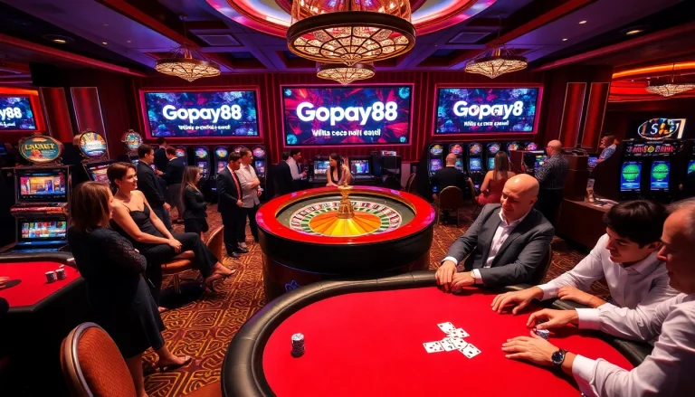 Gopay88, a vibrant casino scene showcasing gambling excitement at a roulette table.
