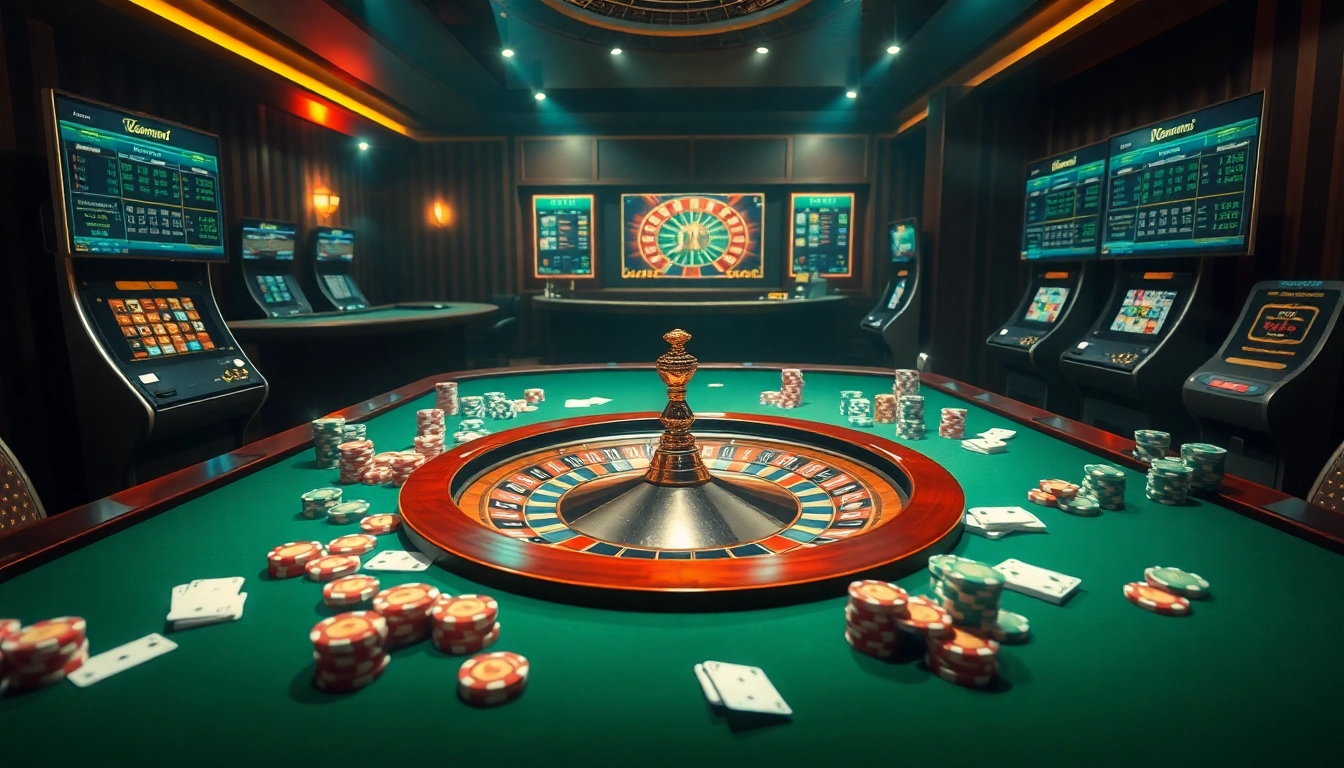 Engage in the excitement of kèo nhà cái 5 with vibrant casino elements like poker chips, cards, and a roulette wheel.