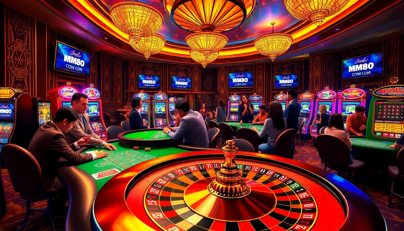 Players enjoying high-stakes games at mm88 com casino with vibrant atmosphere.