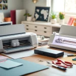Silhouette vs Cricut machines comparison in a bright crafting workspace with tools and materials.