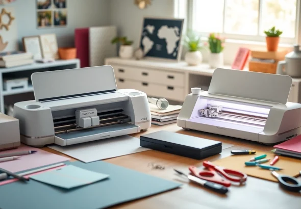 Silhouette vs Cricut machines comparison in a bright crafting workspace with tools and materials.