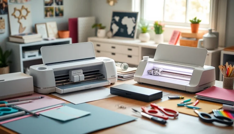 Silhouette vs Cricut machines comparison in a bright crafting workspace with tools and materials.