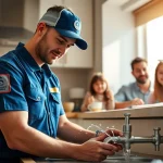 Emergency plumbers on holidays or weekends fixing a leak in a home, showcasing professionalism and urgency.