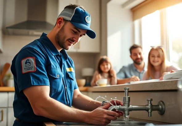 Emergency plumbers on holidays or weekends fixing a leak in a home, showcasing professionalism and urgency.