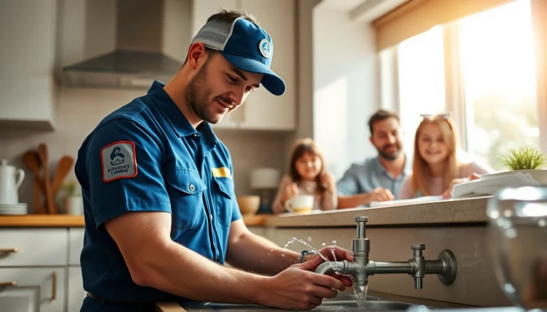 Emergency plumbers on holidays or weekends fixing a leak in a home, showcasing professionalism and urgency.