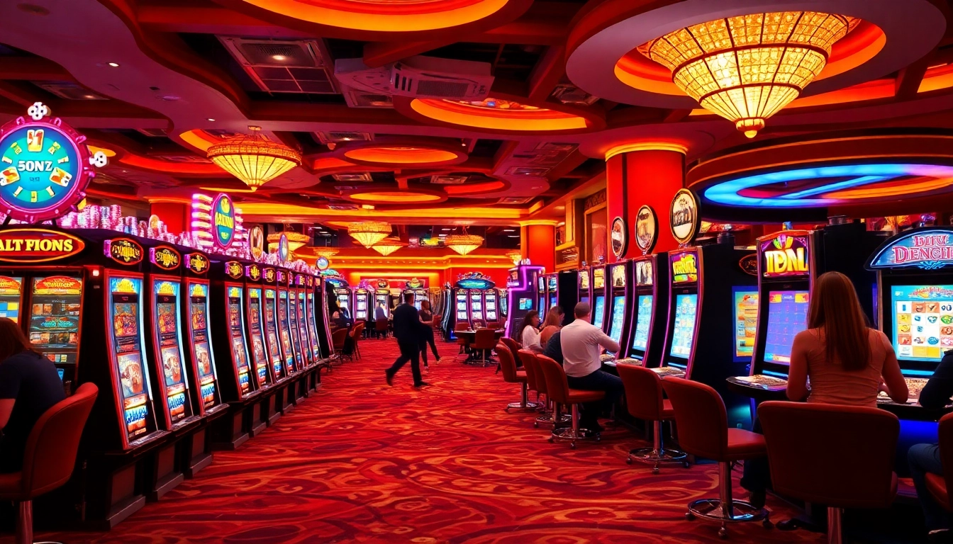 Players enjoying the thrill of idn slot machines in a vibrant casino setting.