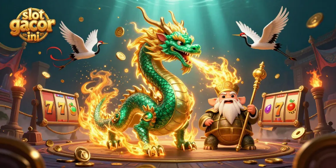 Mainkan slot gacor malam ini dengan keberuntungan dari naga dan kura-kura bijak di latar penuh warna yang menakjubkan.